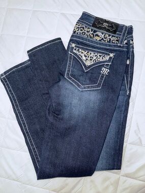 Miss Me Dark Blue Boot Cut Jeans with Leopard Trim & Rhinestones